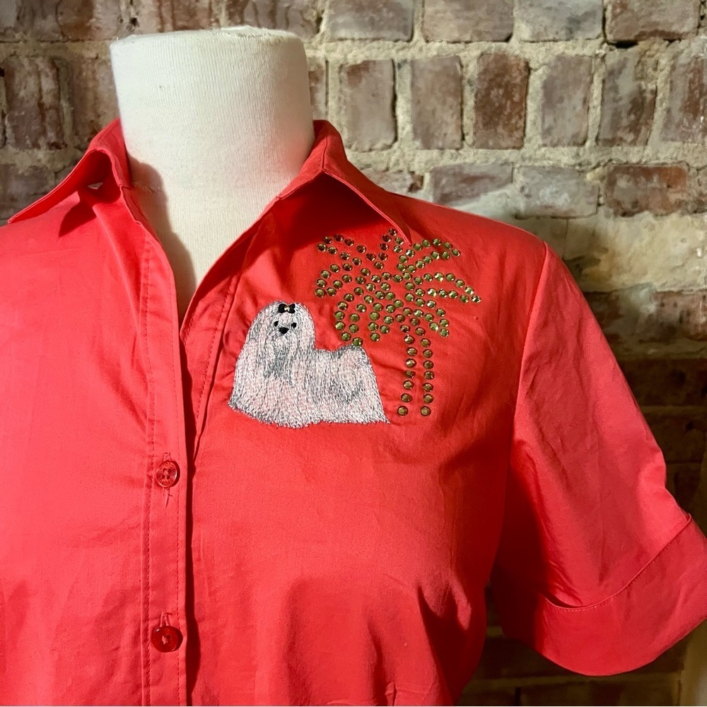 Vintage Coral Shirt with Dog and Palm Tree Embroidery -Size S -TP43